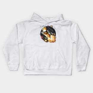 shiba inu flying into space with a rocket Kids Hoodie